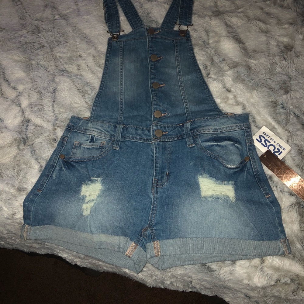 Blue Jean Ripped Short Overalls